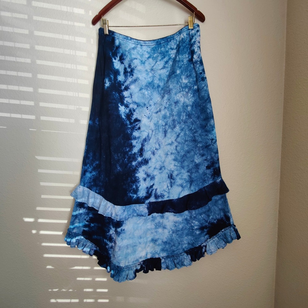 Blue Tie Dye Ruffle Tiered Maxi Skirt Boho Festival Hippie Summer Elastic Pullon